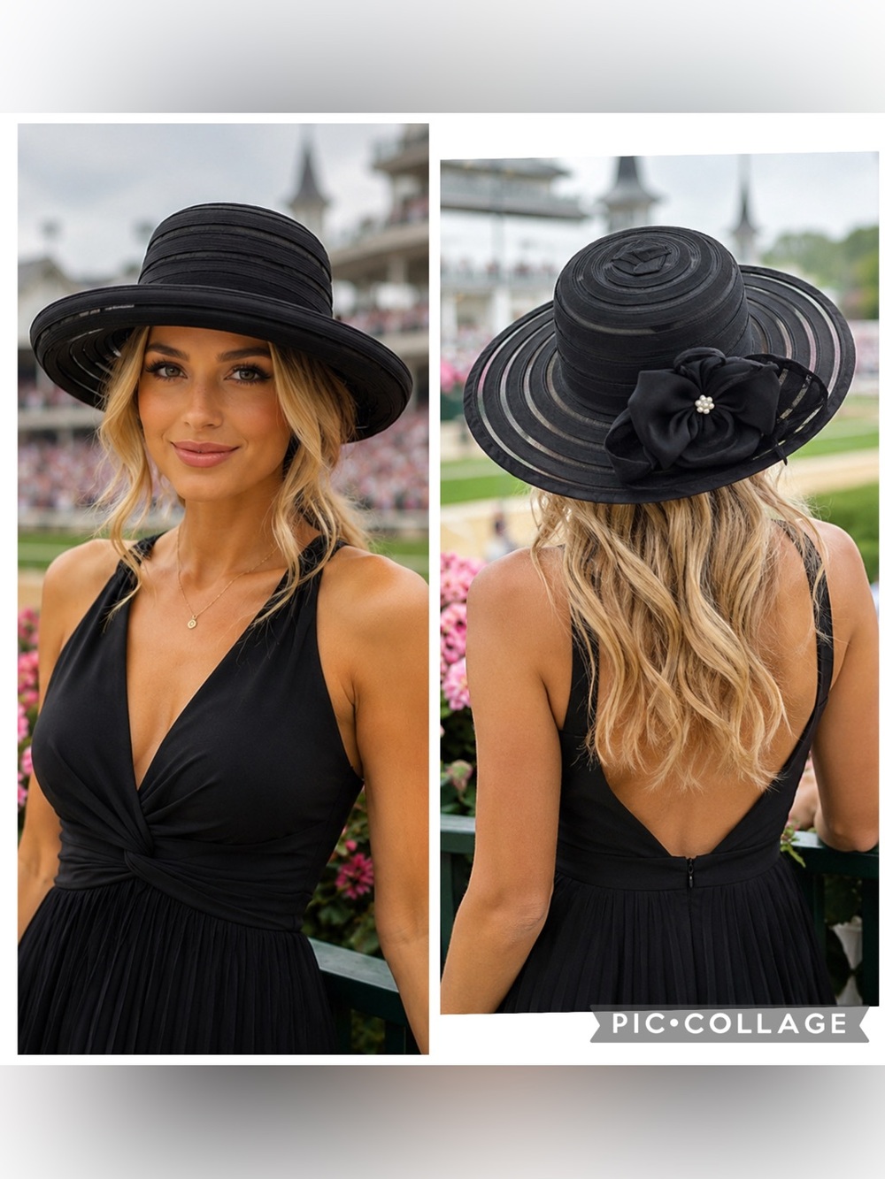 Amiee Lynn Studio Black Wide Brim Derby Church Tea Party Hat Floral Bow Like New